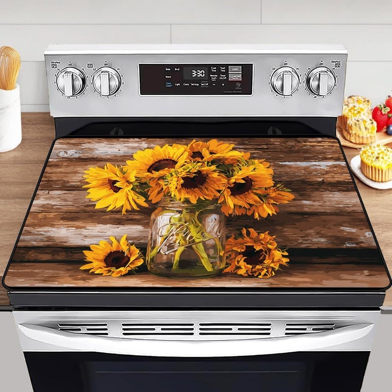 WRTCPOC Vase of Sunflowers Electric Stove Top Cover Protector,Vintage Floral Plant Stove Top Covers for Gas Burners,Cooktop Mat for Ceramic Glass Cooktop Protector,Glass Top Stove Cover - Image 1